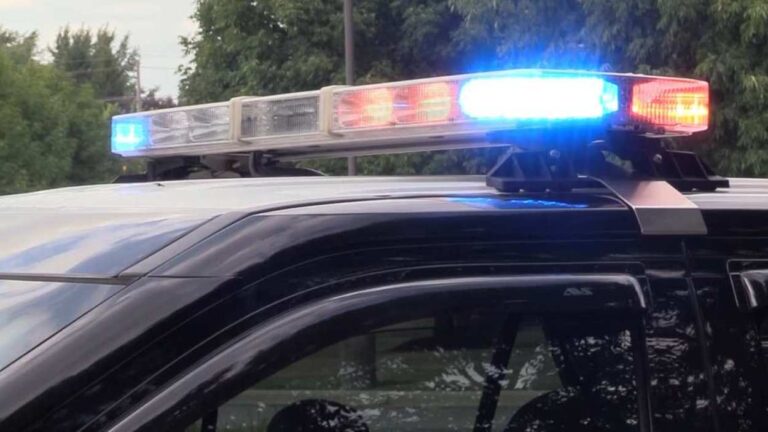 close up of red and blue lights on police car