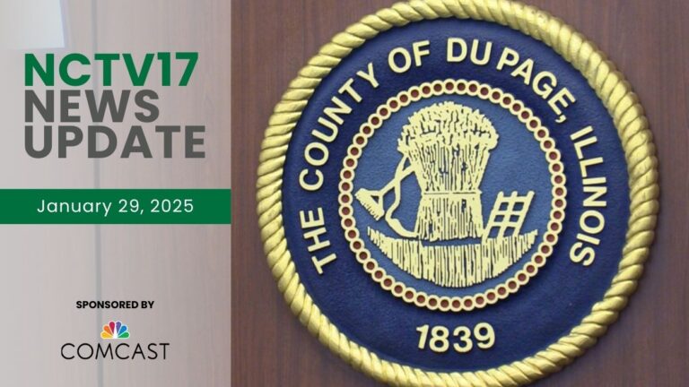 NCTV17 News Update slate for January 29, 2025 with DuPage County seal in background