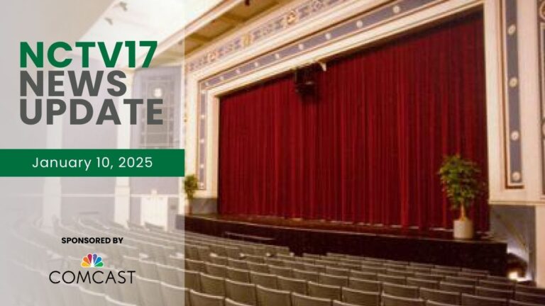 NCTV17 News Update slate for January 10, 2025 with Pfeiffer Hall in background - for lead story on Savannah Guthrie coming for book discussion