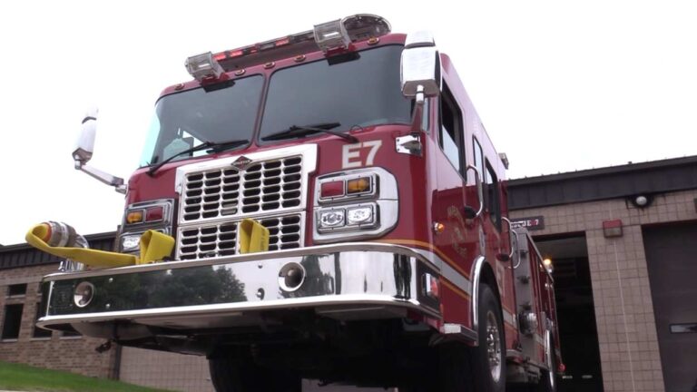 Low angle shot of the front of a Naperville fire truck