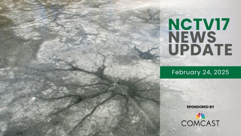 NCTV17 News Update slate for February 24, 2025 with stock image of icy pond in background