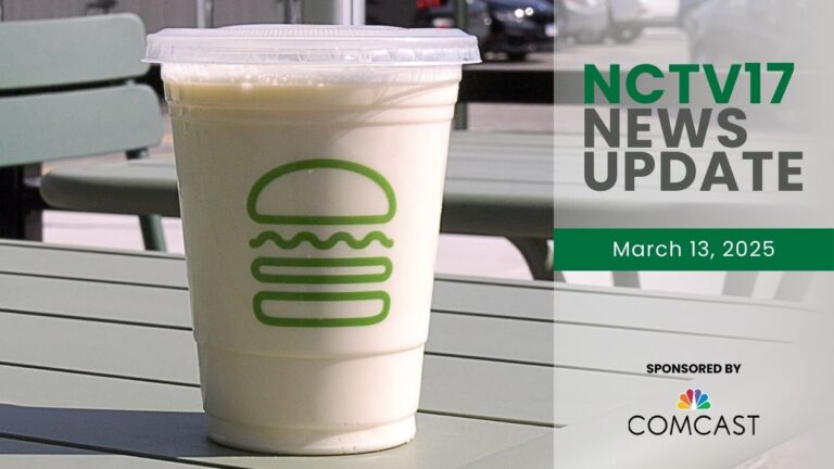 NCTV17 News Update slate for March 13 with Shake Shack shake sitting on table in background