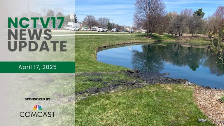 NCTV17 News Update slate for April 17, 2025 with image of tire tracks on grass in front of pond where driver was saved from submerged car