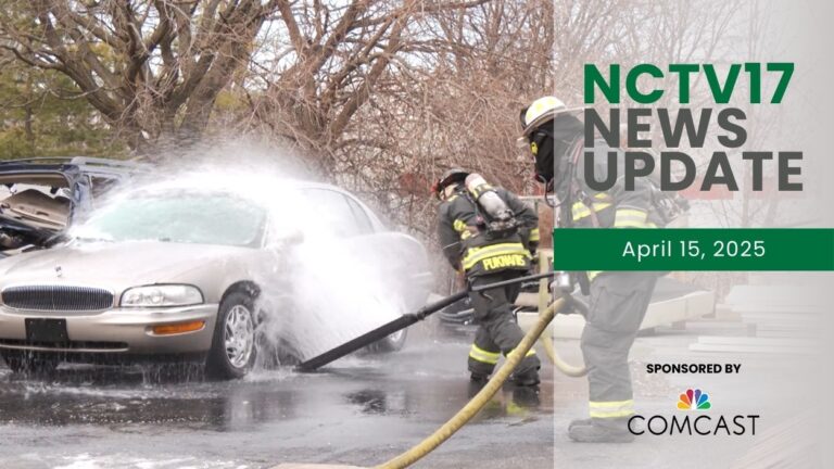 NCTV17 News Update slate for April 15, 2025 with Naperville firefighters using new EV fire fighting Poseidon Nozzle to spray water on car in background
