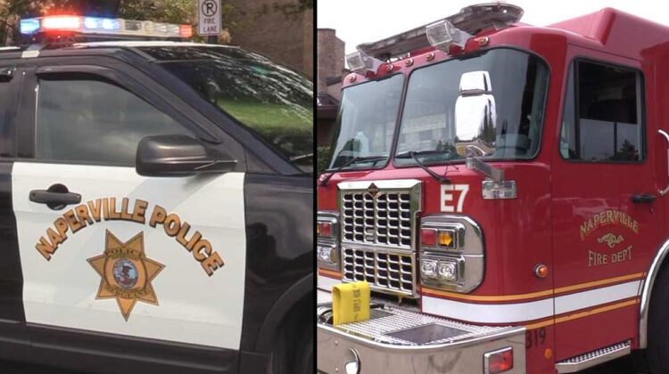 Close up of side of Naperville police car with logo on left, close up of Naperville fire truck with logo on right