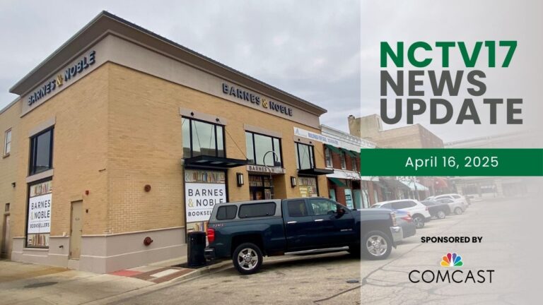 NCTV17 News Update slate for April 16, 2025 with new Naperville Barnes & Noble building exterior in background