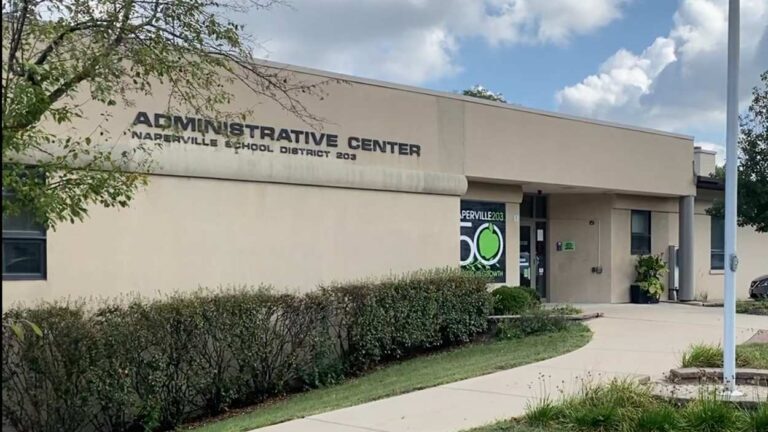 Exterior of Naperville School District 203 administration building front entrance