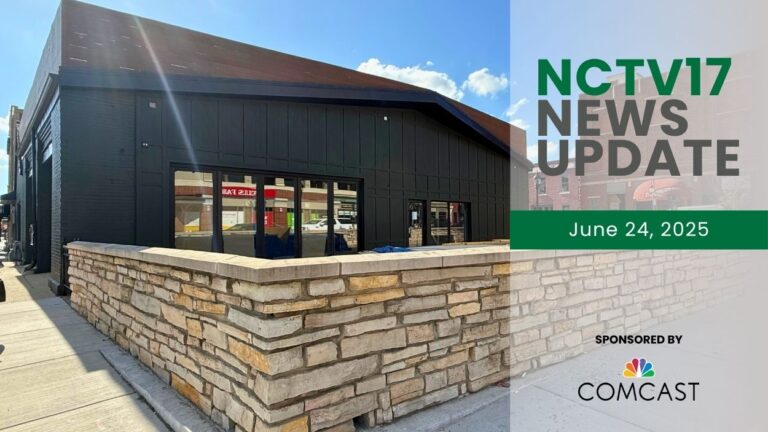NCTV17 News Update slate for June 24, 2025 with The George restaurant exterior in downtown Naperville in background