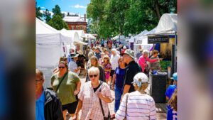 Patrons walk through displays at Fine Art and Artisan Fair