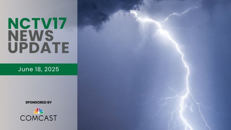 NCTV17 News Update slate for June 18, 2025 with lightning image in background for first story on storms possible