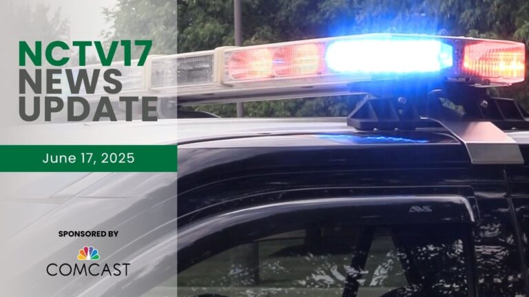 NCTV17 news update slate for June 17, 2025 with police lights in background for lead story on teen charged with loaded gun possession