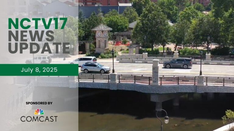 NCTV17 News Update for July 8, 2025 with drone shot of Washington Street Bridge in background for first story on bridge reopening celebration
