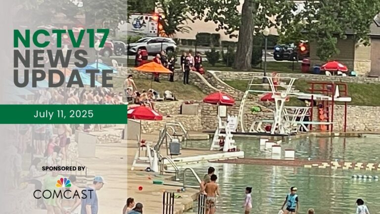NCTV17 News Update slate for July 11, 2025 with image of people at water's edge at Centennial Beach in Naperville in the background