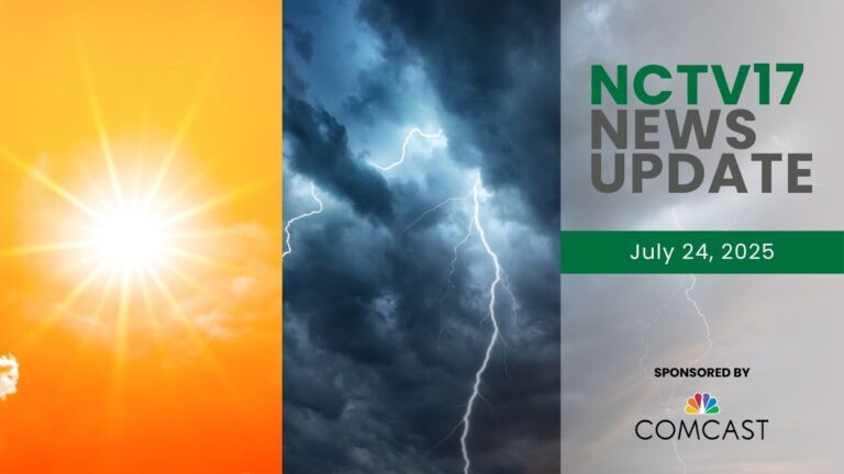 NCTV17 News Update slate for July 24, 2025 with split screen of bright sun for heat and lightning for storms