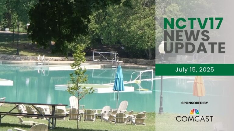 NCTV17 News Update slate for July 15, 2025 with empty Centennial Beach swimming area in background for first story on suspected drowning victim IDd