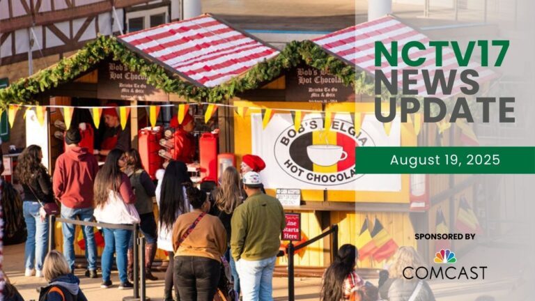 NCTV17 News Update for August 19, 2025 with hot chocolate vendor hut at Christkindlmarket Aurora in background