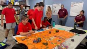 SparkForce campers looking at layout on table