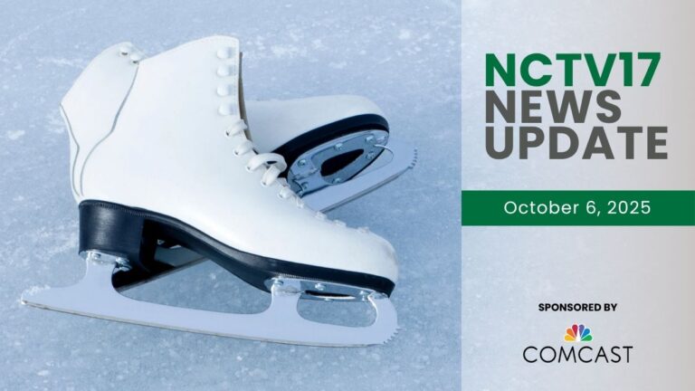 NCTV17 News Update slate for October 6, 2025 with pair of ice skates on ice rink in background