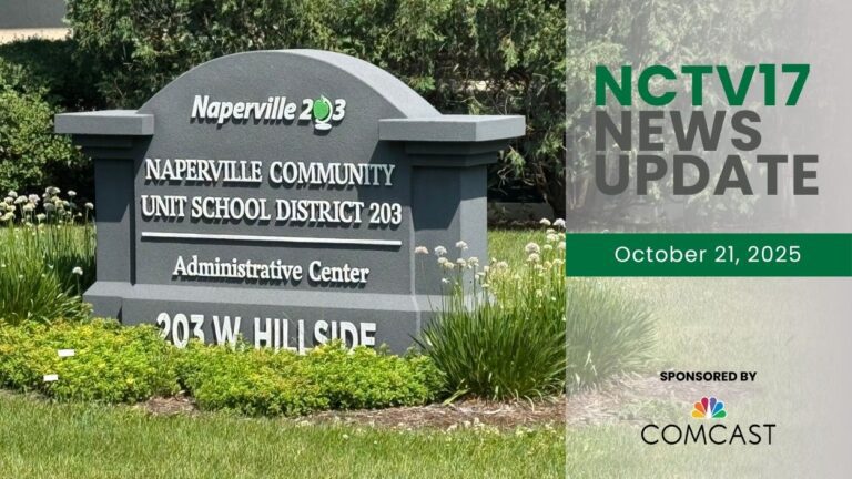 NCTV17 News Update slate for October 21, 2025 with sign for D203 administration building in background