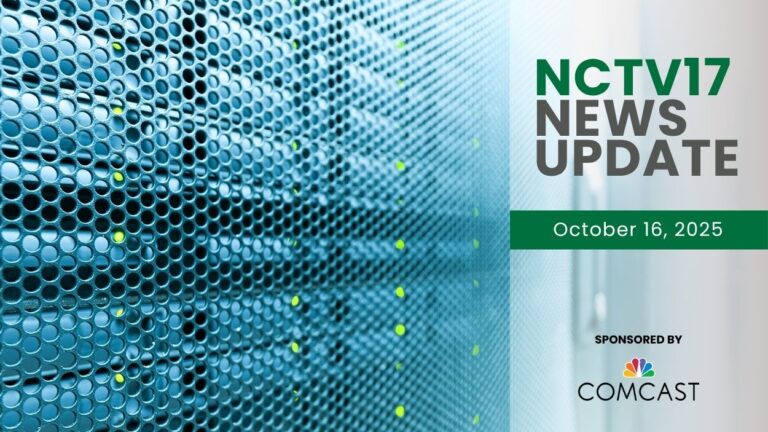 NCTV17 News Update slate for October 16, 2025 with data center grid in background