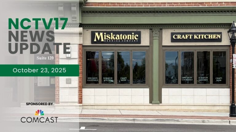 NCTV17 News Update slate for October 23, 2025 with Miskatonic Brewing Craft Kitchen exterior in background
