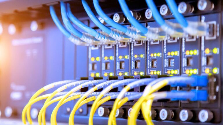 Close up of switches and wires at data center