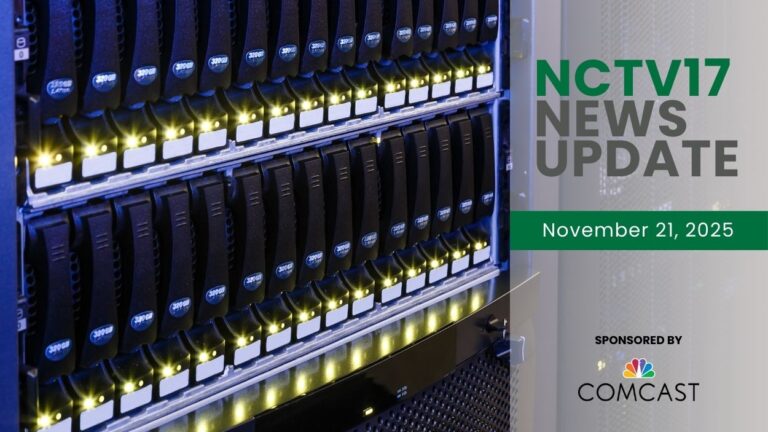 NCTV17 News Update slate for November 21, 2025 with close up of data center drives in background