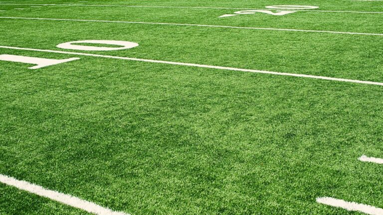 Artificial turf football field with 10 and 20 yard lines visible